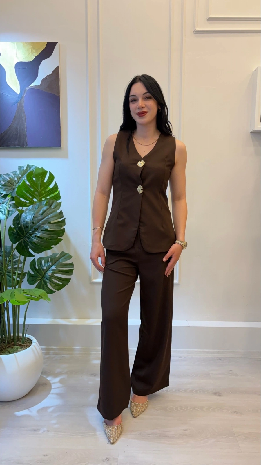SHIN Gold Düğme Detaylı Kahve Yelek Pantolon Takım