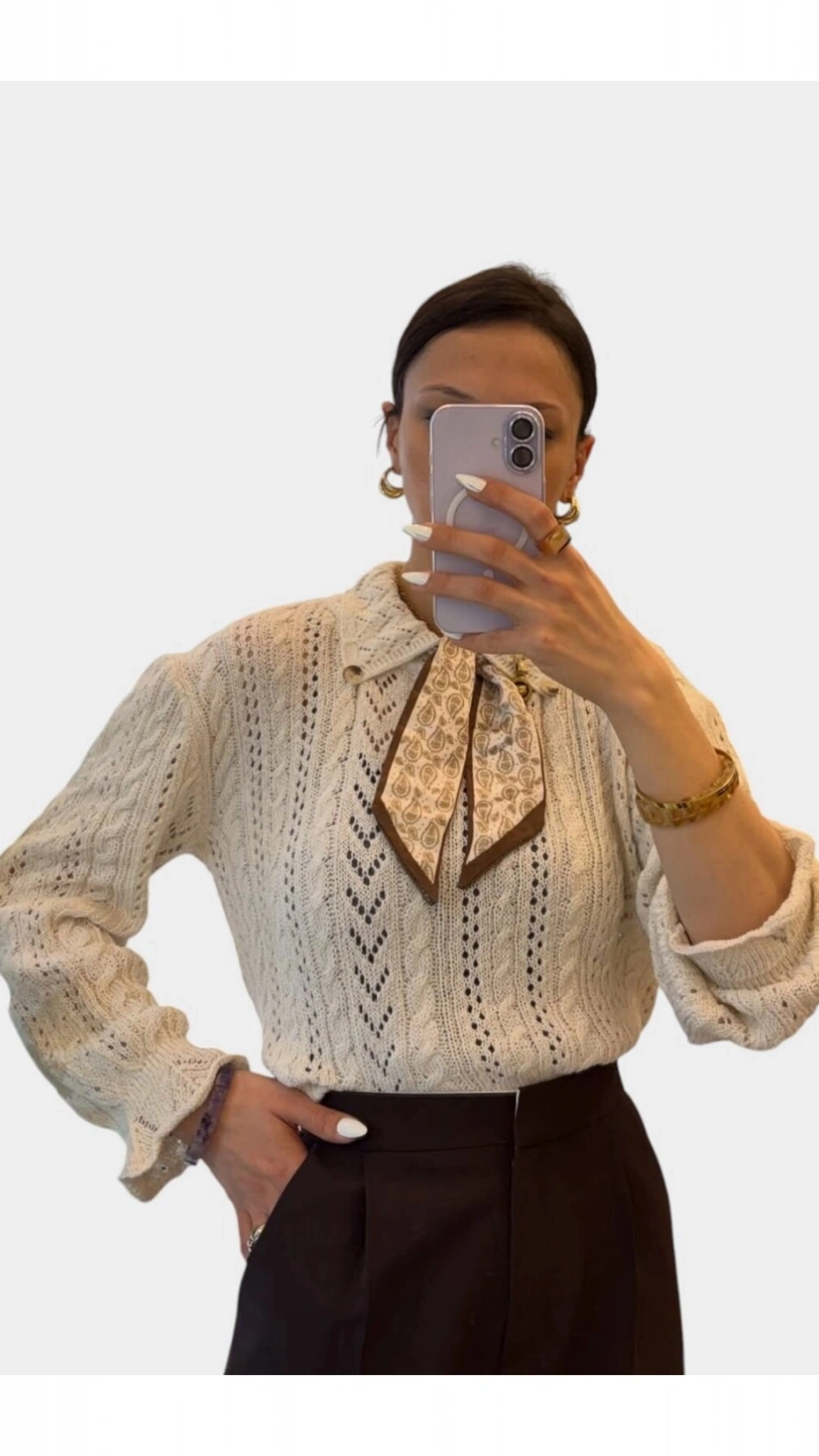 SHIN Vintage Dokulu Triko Gömlek – Fular Detaylı Premium Bluz