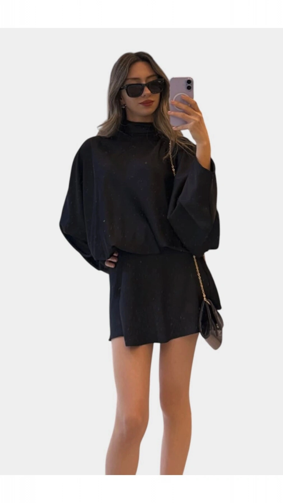SHIN Drapeli Saten Mini Elbise – Balıkçı Yaka, Oversize Şık Elbise