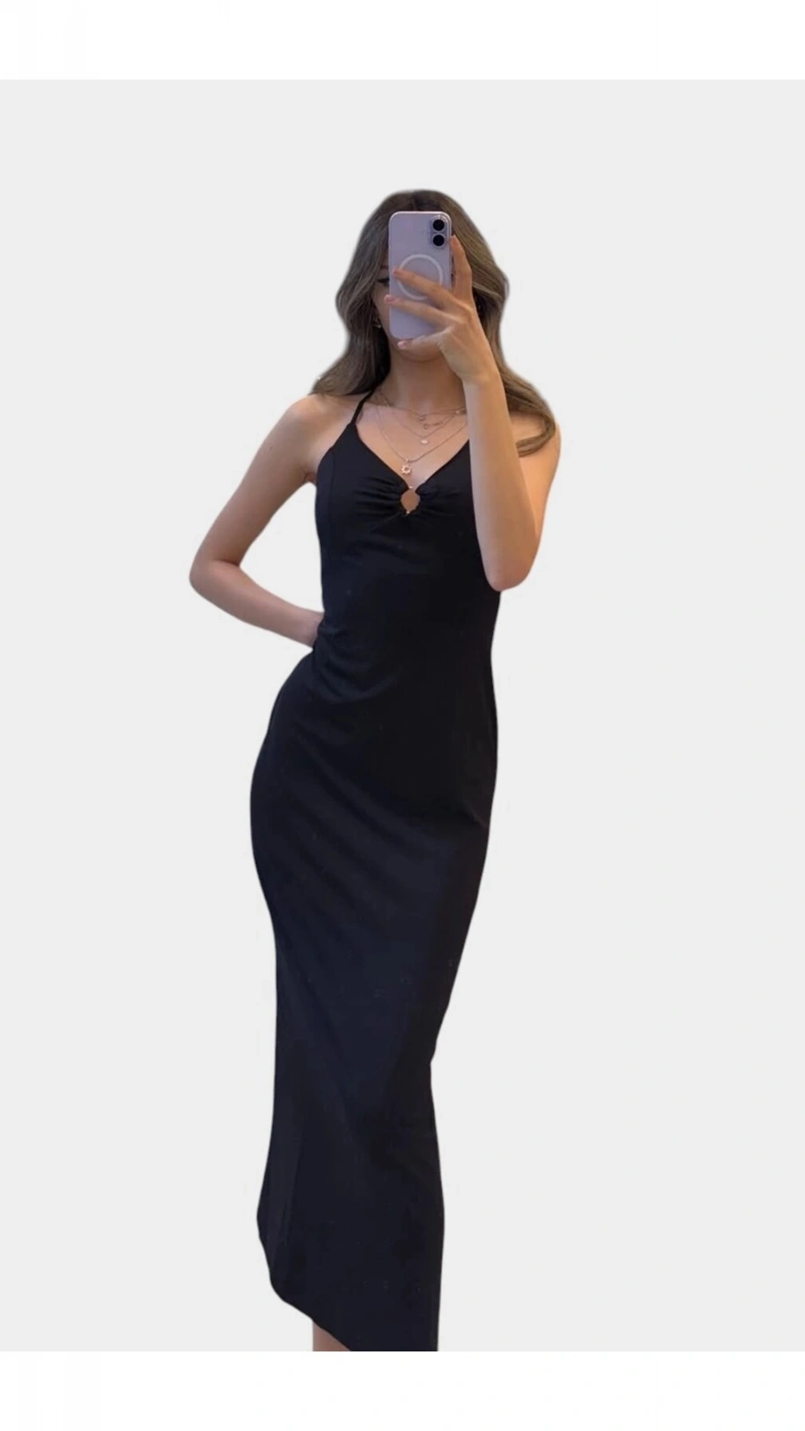 SHIN Halter Yaka Saten Uzun Elbise – Sırt Açık Şık Gece Elbisesi