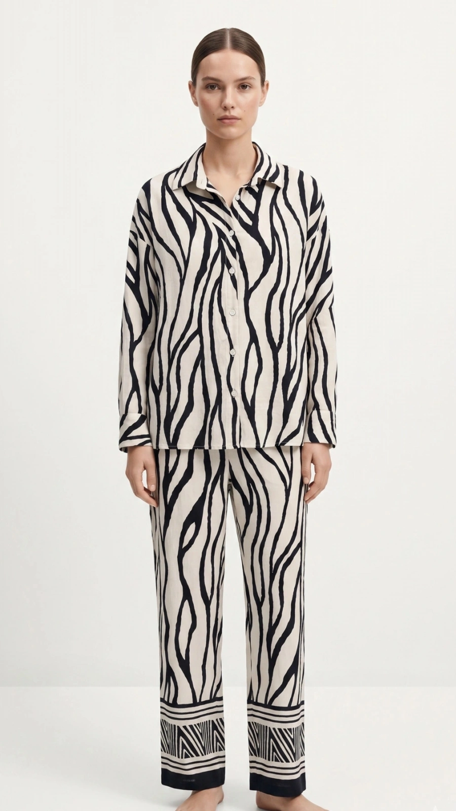 SHIN Zebra Desen Oversize Gömlek Pantolon Takım – Siyah/Beyaz