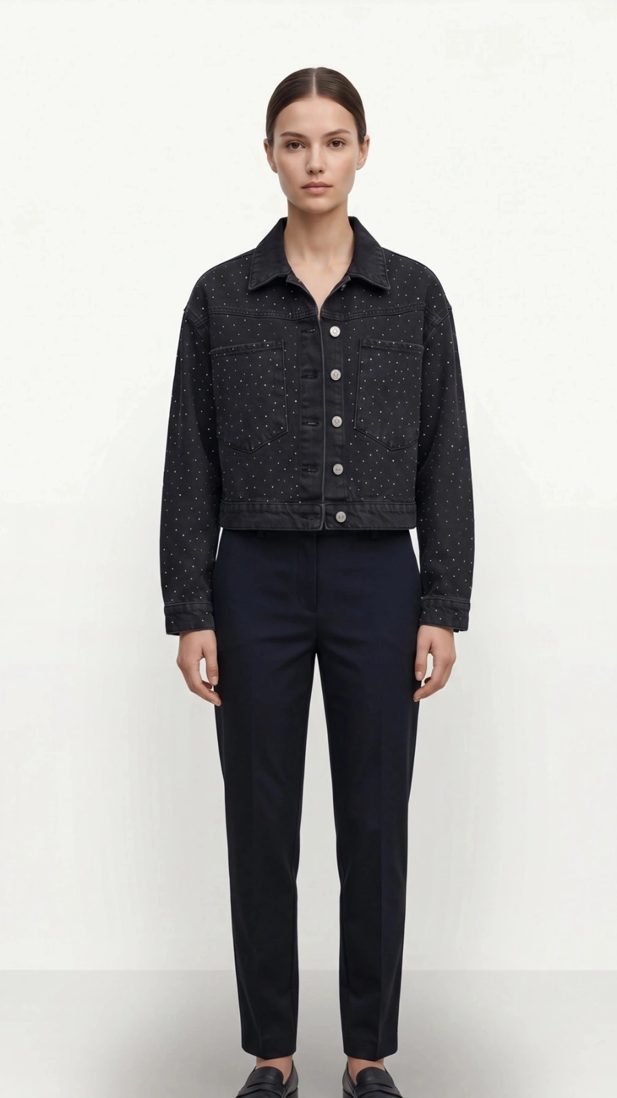 SHIN Taş Detaylı Crop Jean Ceket – Siyah Denim