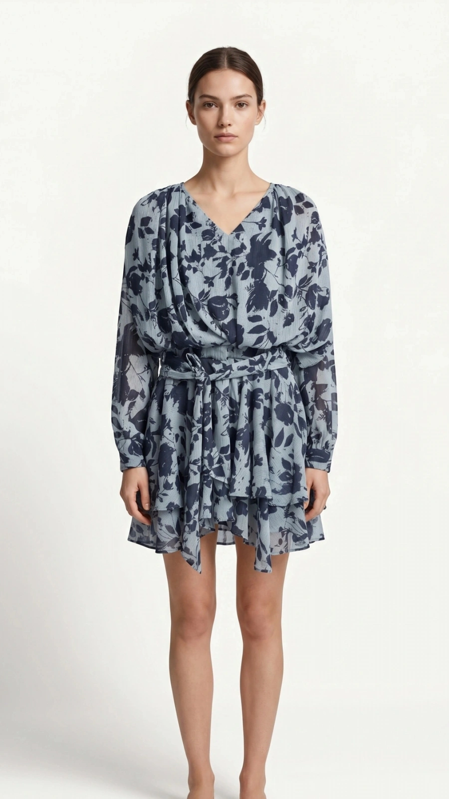 SHIN Mavi Floral Şifon Mini Elbise