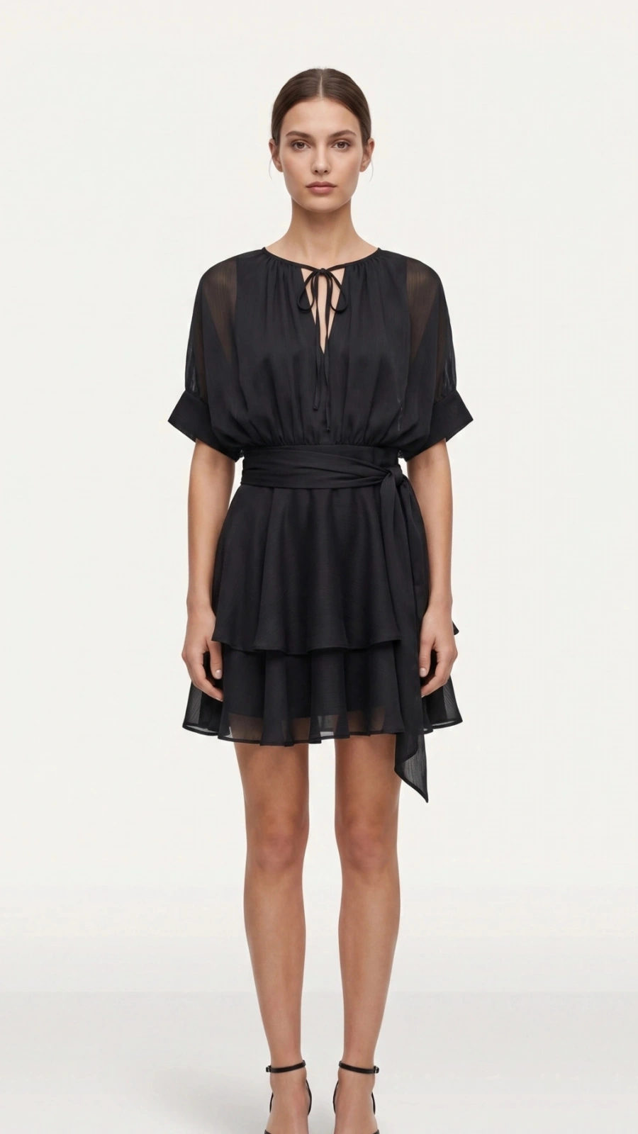 SHIN Siyah Kuşaklı Saten Şifon Elbise
