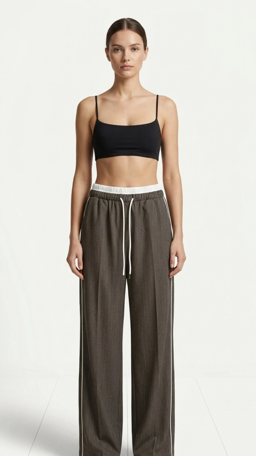 SHIN Yüksek Bel Lastikli Çizgili Wide Leg Pantolon