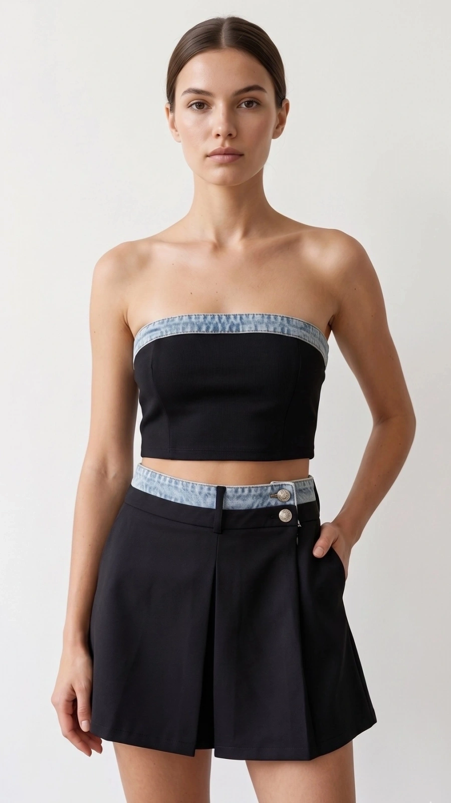 SHIN Yüksek Bel Piliseli Mini Etek Şort (Denim Detaylı)