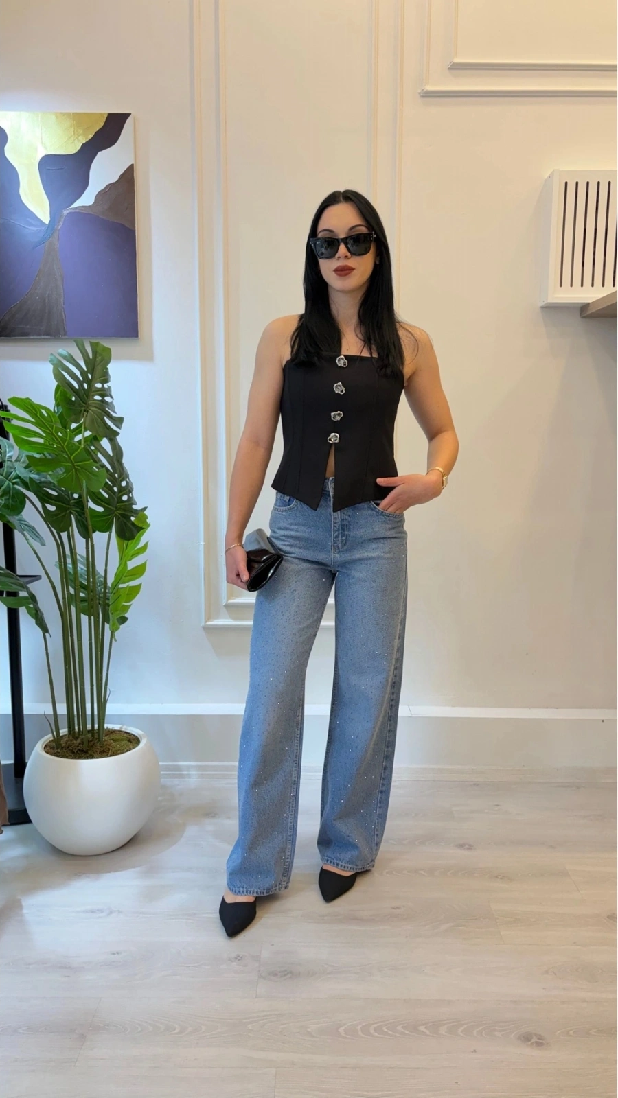 Taş Detaylı Wide Leg Jean Pantolon