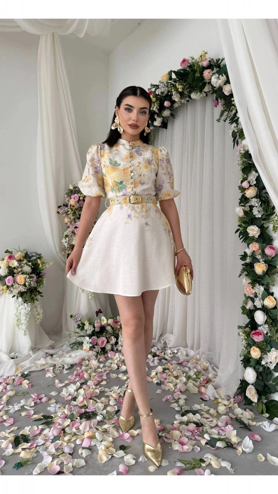 Vintage Garden Kemer Detaylı Mini Elbise