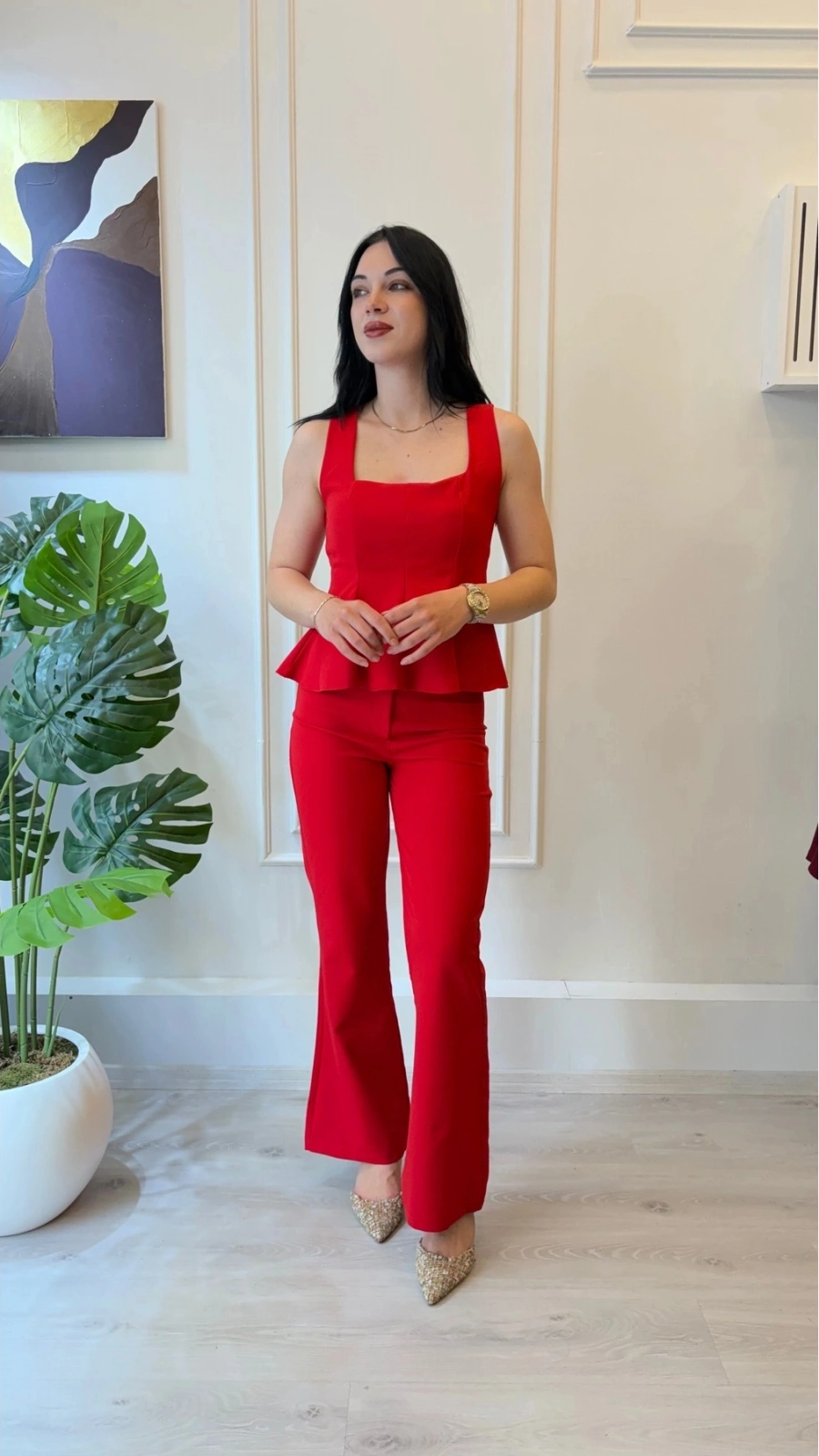 SHIN Kırmızı Peplum Bluz Pantolon Takım