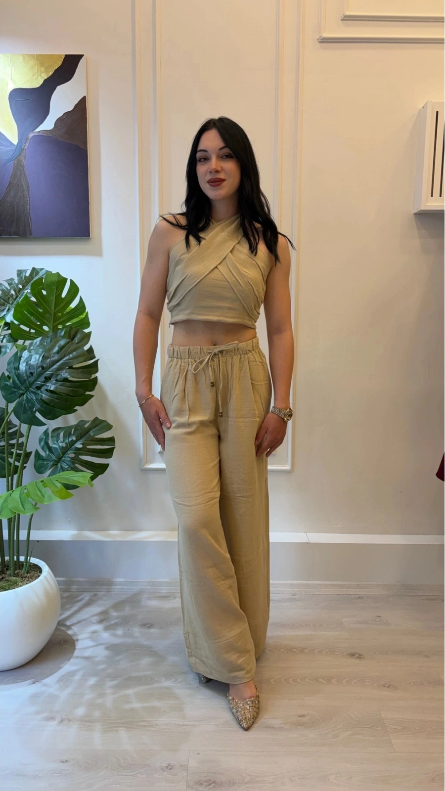 SHIN Bej Bağlamalı Keten Görünümlü Crop Pantolon Takım