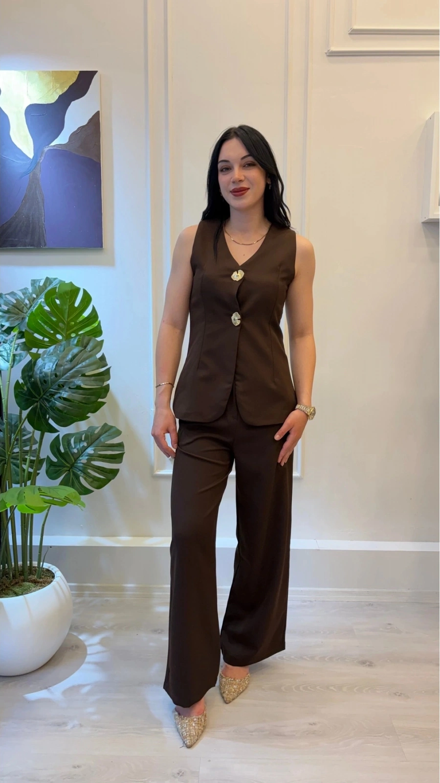 SHIN Gold Düğme Detaylı Kahve Yelek Pantolon Takım