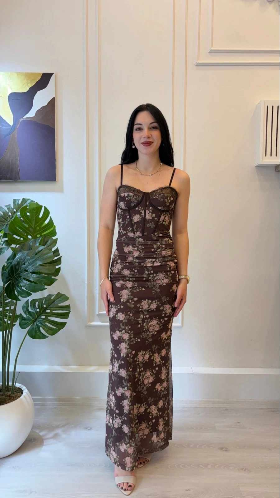 SHIN Vintage Gül Desenli Korse Detaylı Kahve Maxi Elbise