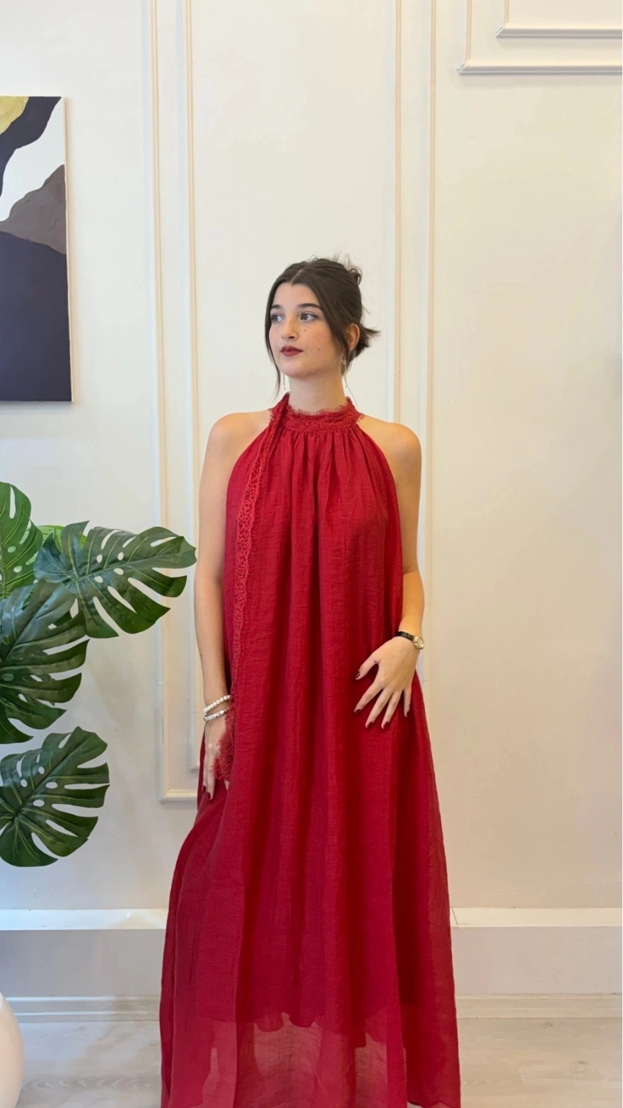 SHIN Dantel Detaylı Kırmızı Halter Yaka Maxi Elbise