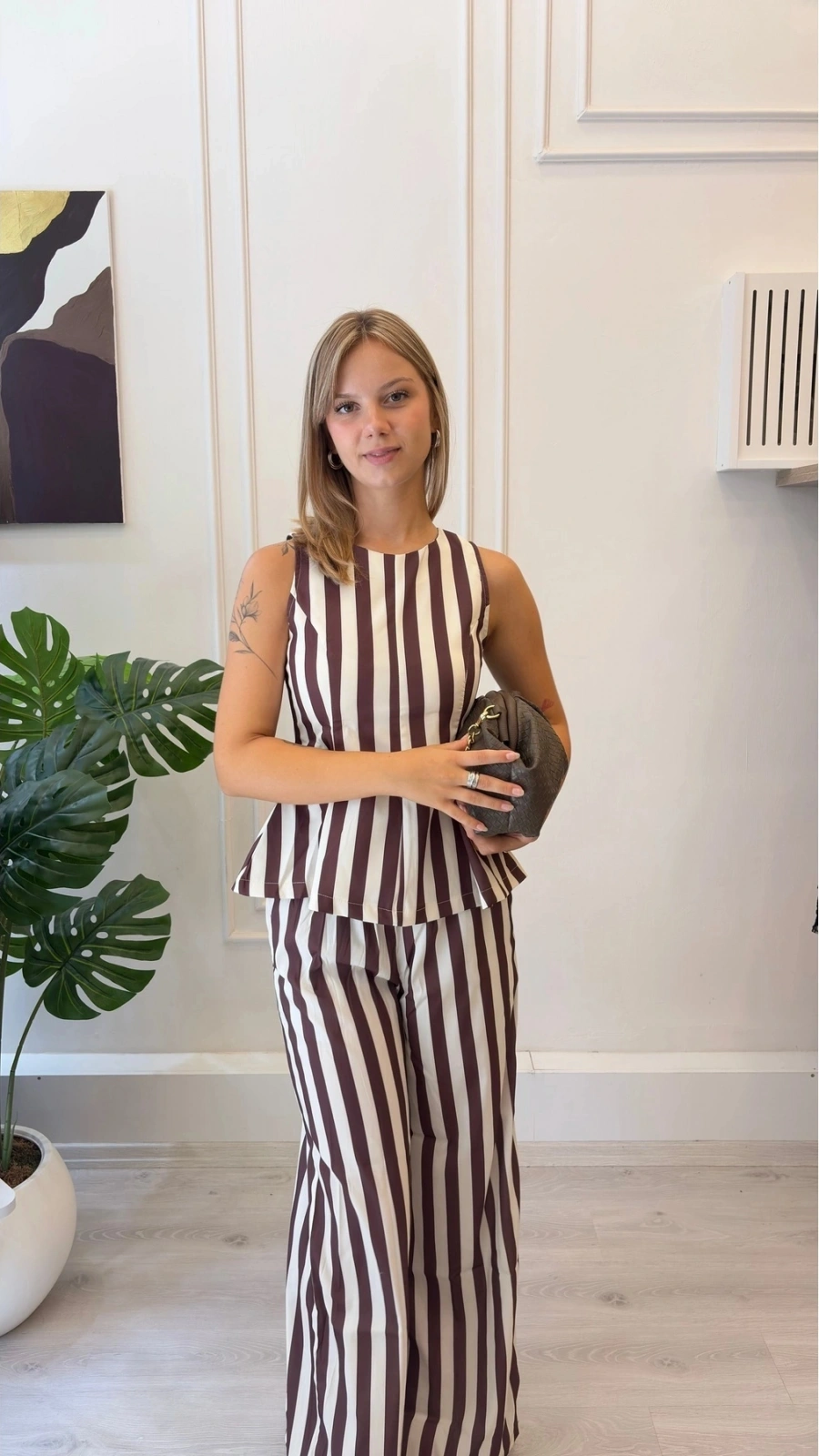 SHIN Çizgili Peplum Üst Geniş Paça Pantolon Takım