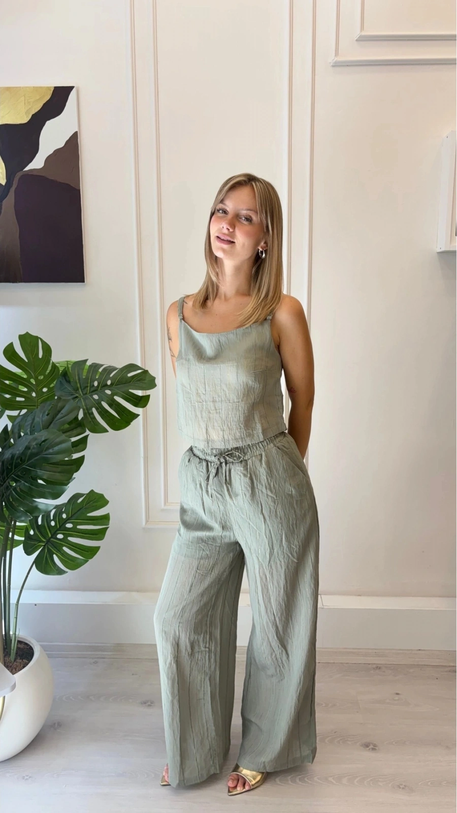 SHIN Haki İnce Askılı Crop Üst Bol Paça Pantolon Takım