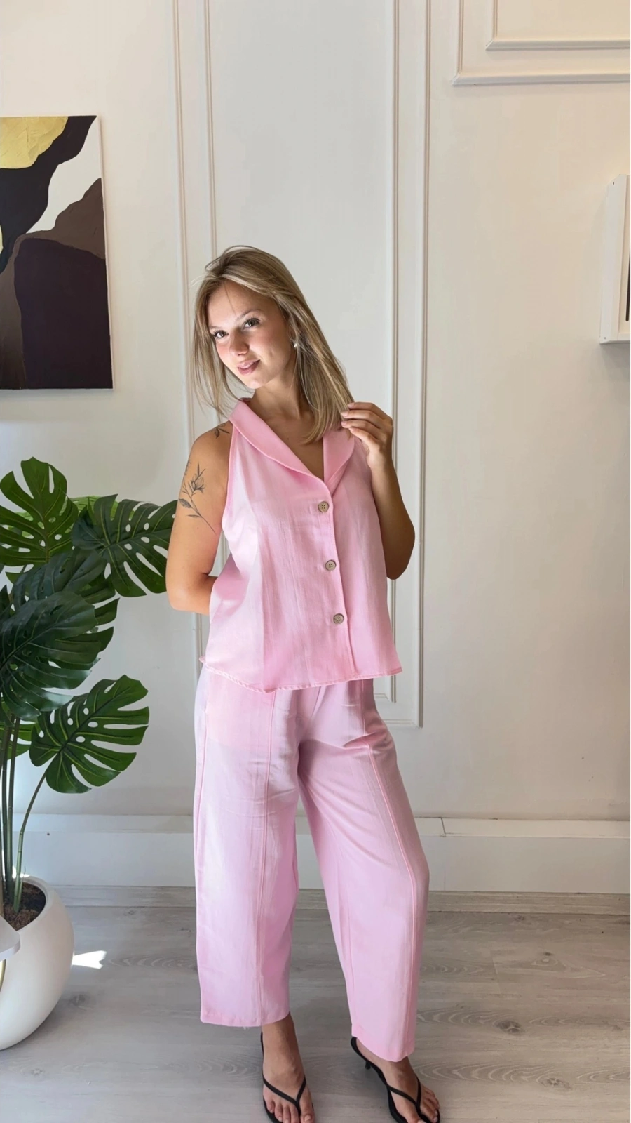 SHIN Pembe Kolsuz Gömlek Yaka Pantolon Takım