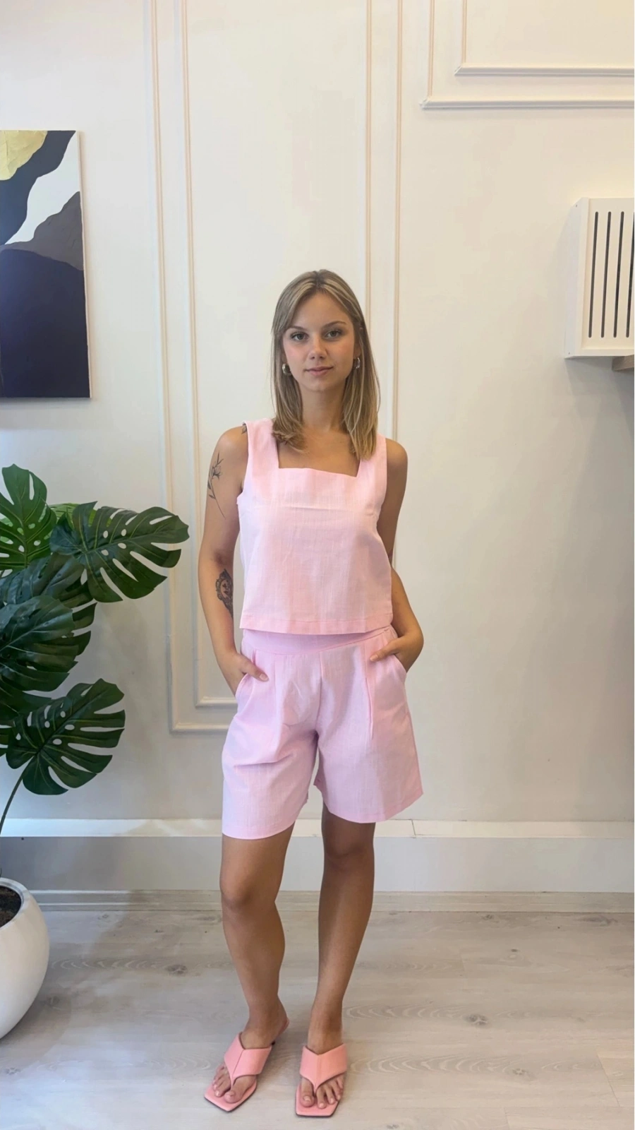 SHIN Kare Yaka Şortlu Pembe Takım