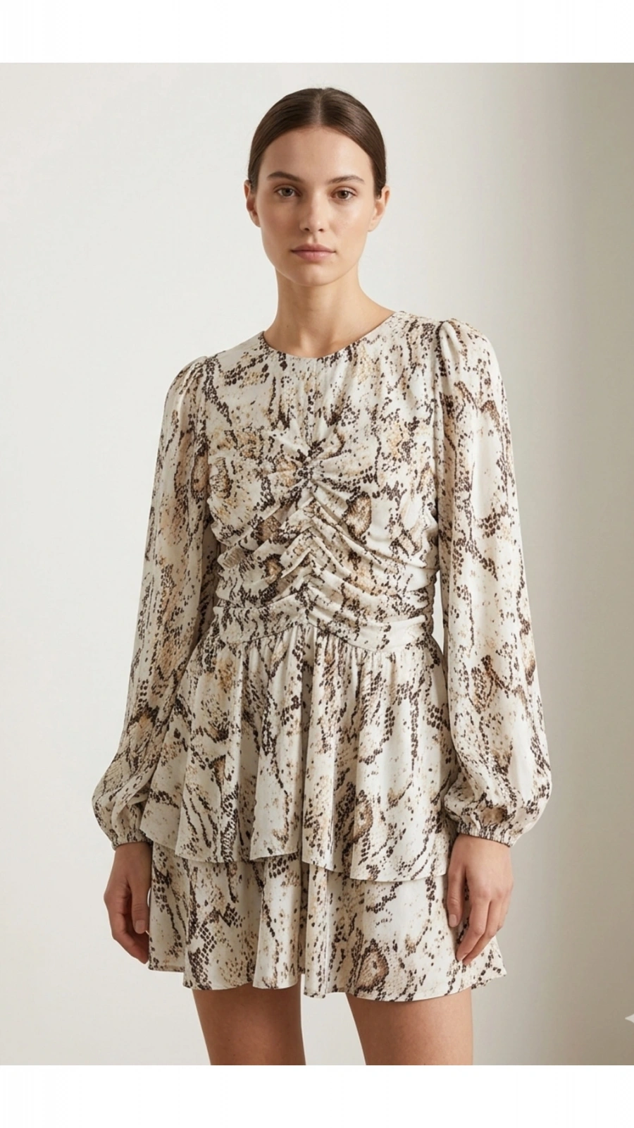 SHIN Yılan Desenli Drapeli Mini Elbise – Bej