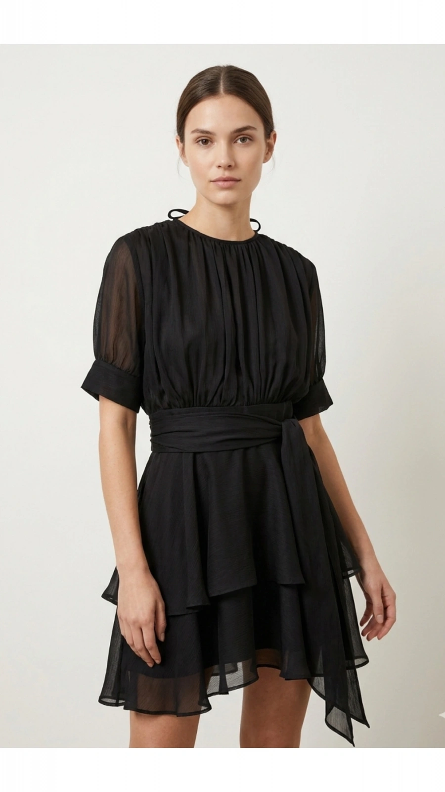SHIN Drapeli Şifon Mini Elbise – Siyah