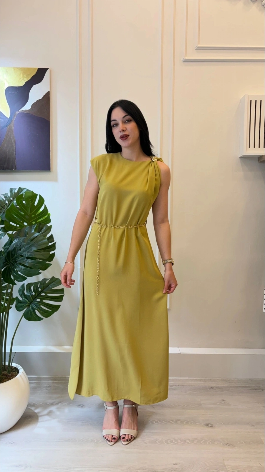 SHIN Yağ Yeşili Zincir Kemer Detaylı Maxi Elbise