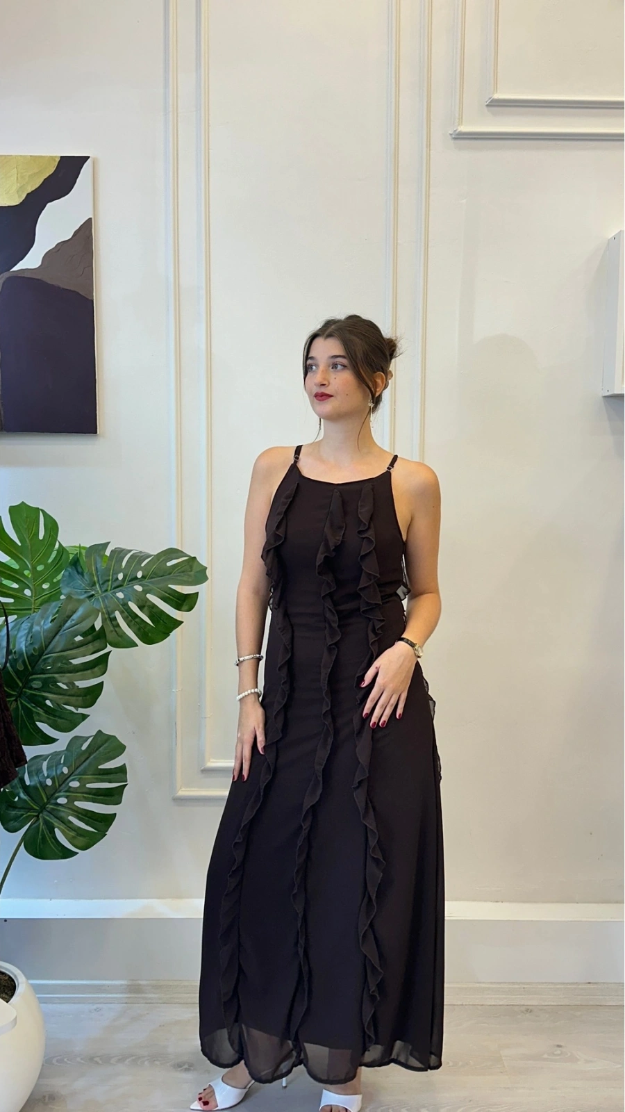 SHIN FIRFIR DETAY HALTER YAKA TÜL UZUN ŞIK ELBİSE