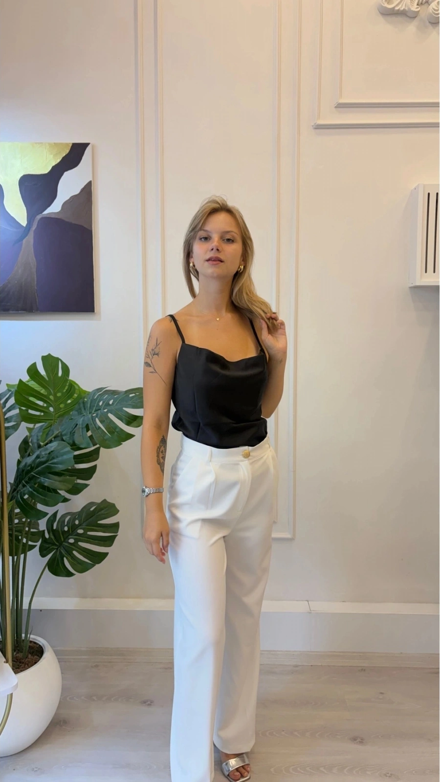 SHIN Degaje Yaka Askılı Saten Bluz