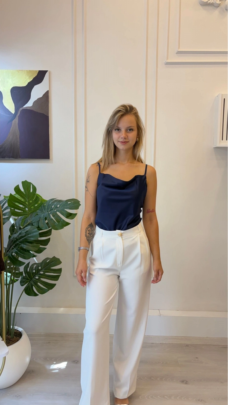SHIN Degaje Yaka Askılı Saten Bluz