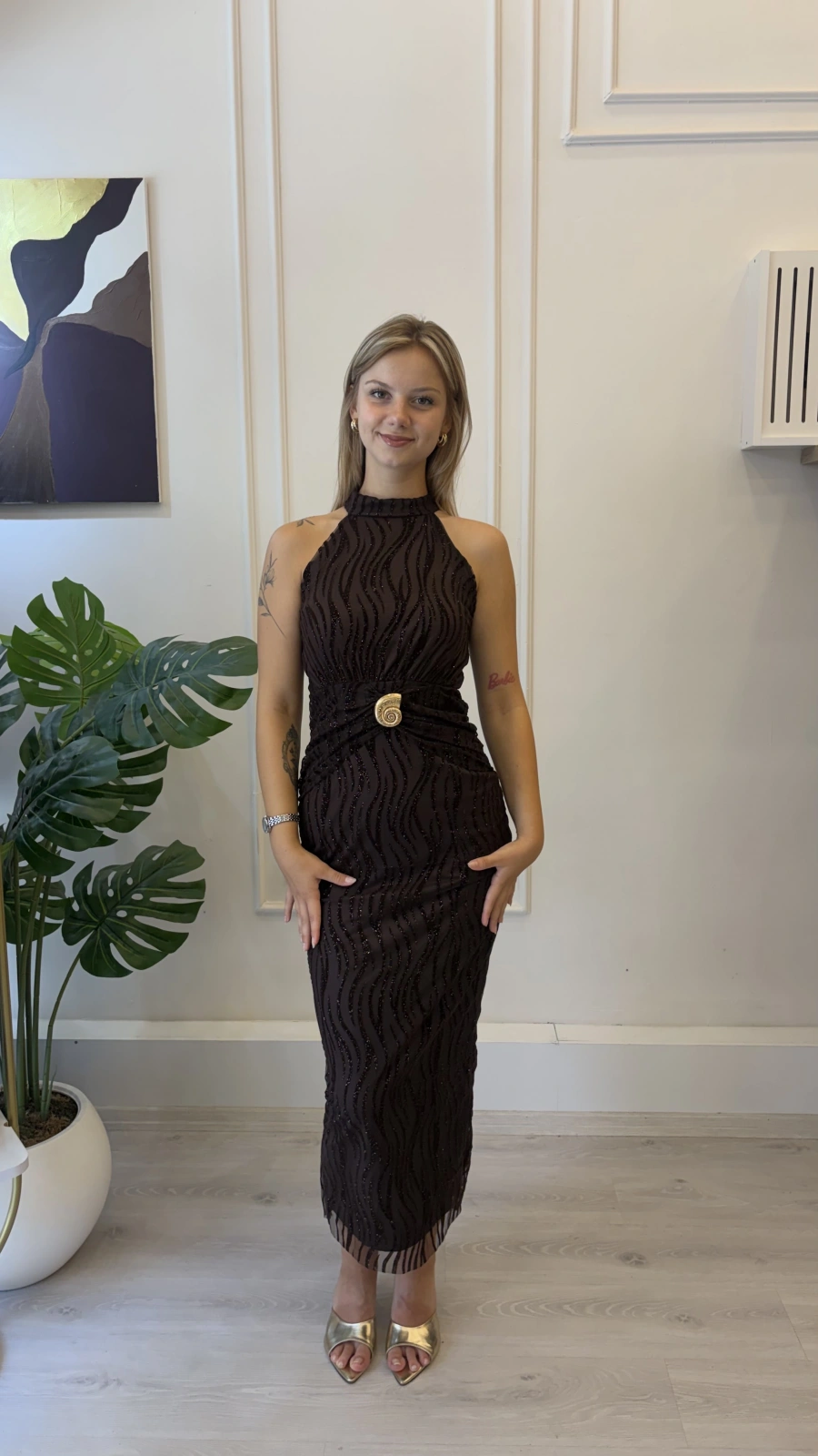 SHIN Simli Desenli Halter Yaka Midi Elbise