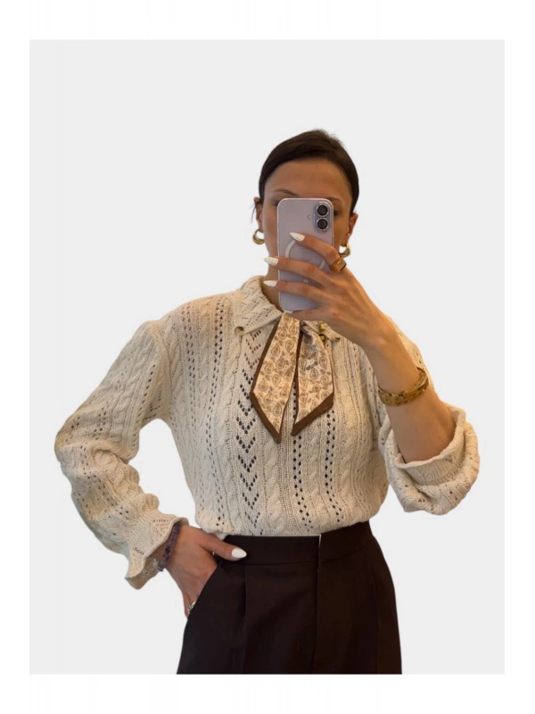 SHIN Vintage Dokulu Triko Gömlek – Fular Detaylı Premium Bluz