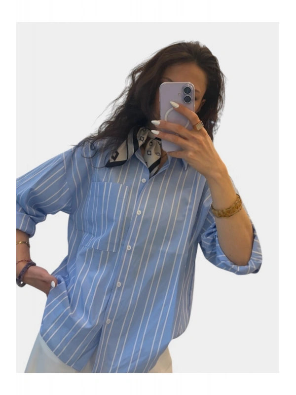 SHIN Çizgili Mavi Oversize Gömlek – Casual Fit