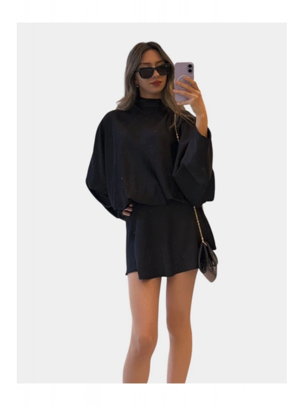 SHIN Drapeli Saten Mini Elbise – Balıkçı Yaka, Oversize Şık Elbise