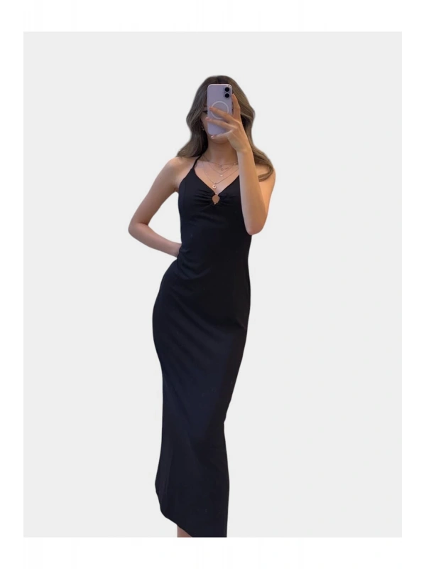 SHIN Halter Yaka Saten Uzun Elbise – Sırt Açık Şık Gece Elbisesi
