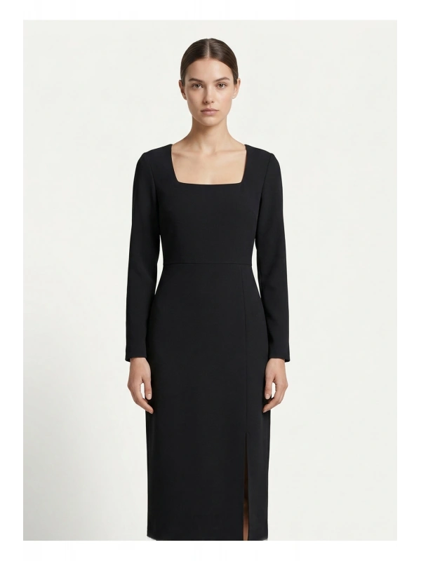 SHIN Minimal Siyah Midi Elbise