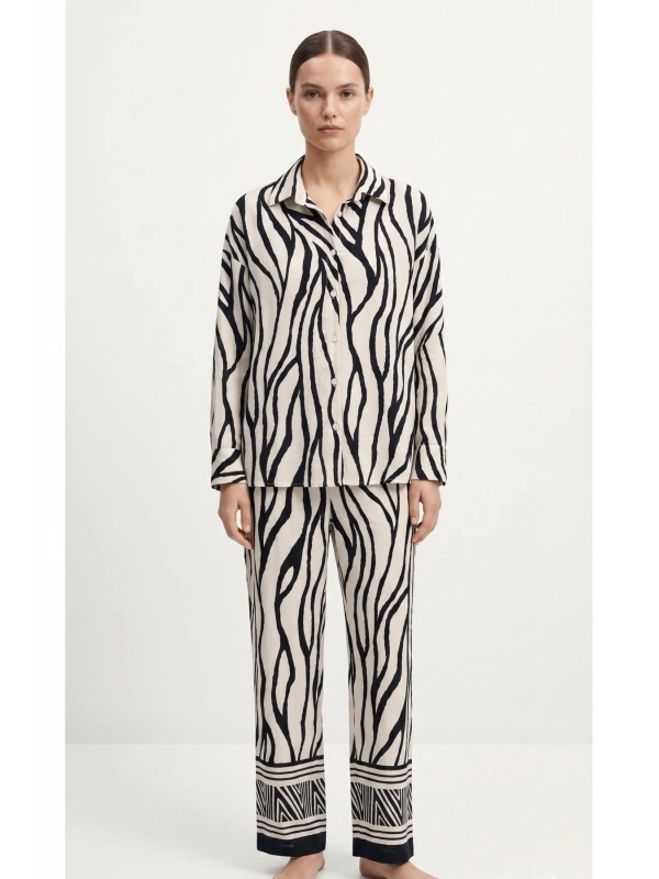 SHIN Zebra Desen Oversize Gömlek Pantolon Takım – Siyah/Beyaz