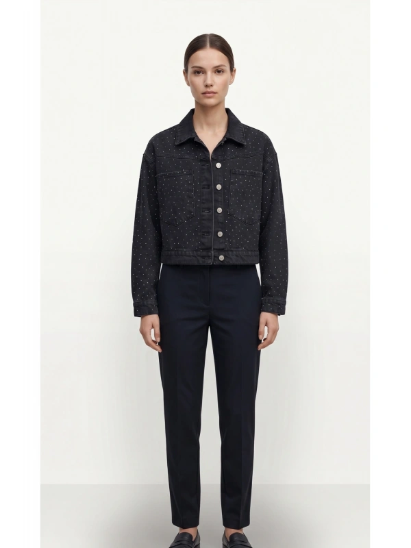 SHIN Taş Detaylı Crop Jean Ceket – Siyah Denim