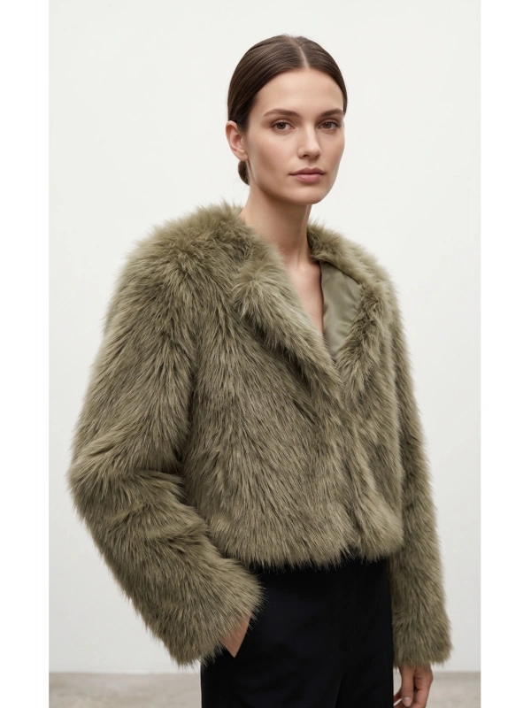 SHIN Premium Kürk Görünümlü Crop Ceket – Haki