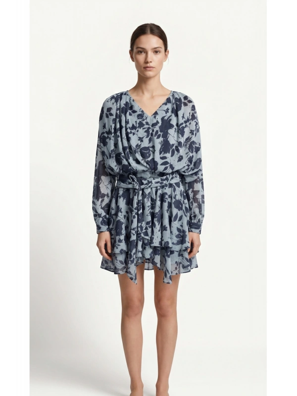 SHIN Mavi Floral Şifon Mini Elbise
