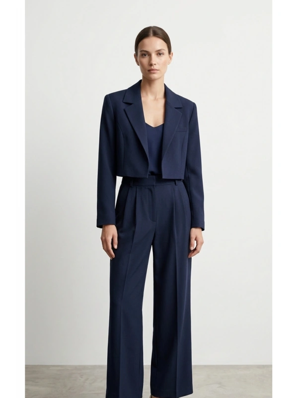 Lacivert Blazer Ceket Yüksek Bel Wide Leg Pantolon Takım