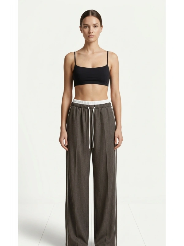 SHIN Yüksek Bel Lastikli Çizgili Wide Leg Pantolon