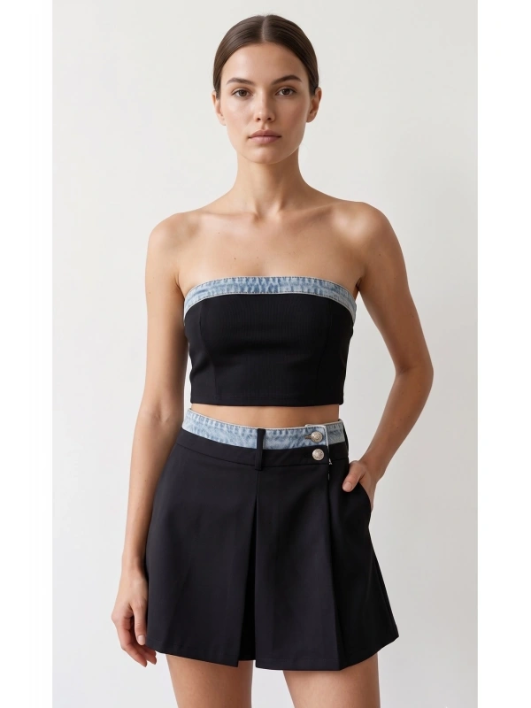 SHIN Yüksek Bel Piliseli Mini Etek Şort (Denim Detaylı)