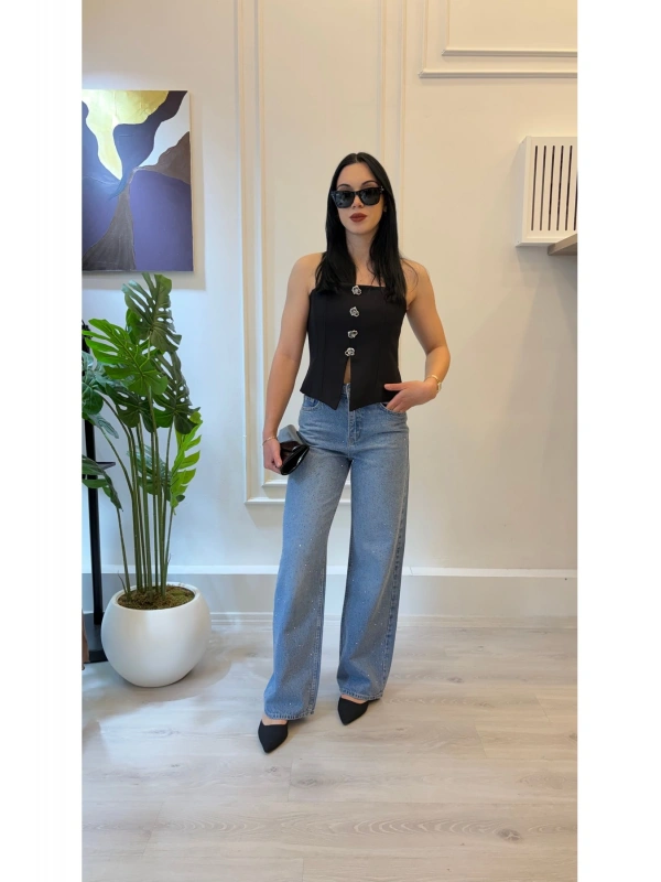 Taş Düğme Detaylı Straplez Korse Top