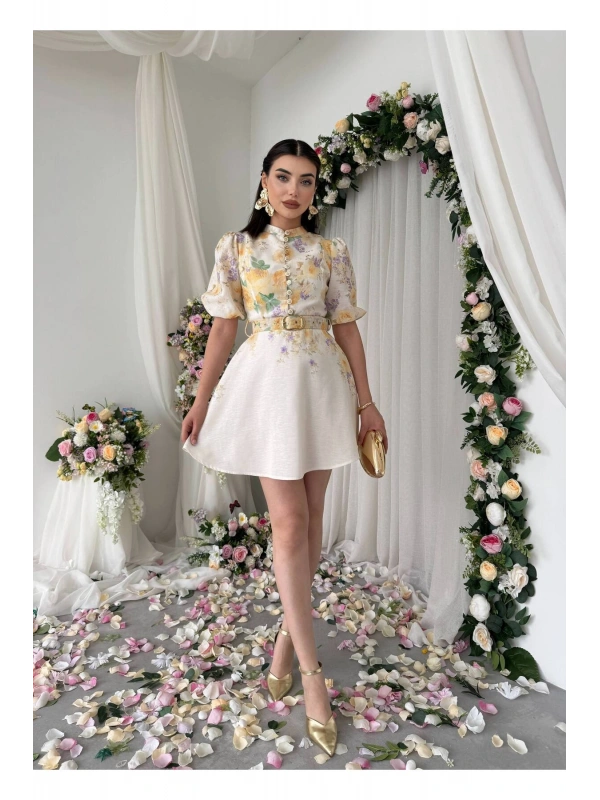 Vintage Garden Kemer Detaylı Mini Elbise
