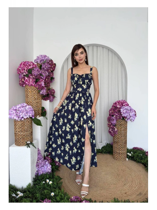 Limon Desenli Lacivert Maxi Elbise