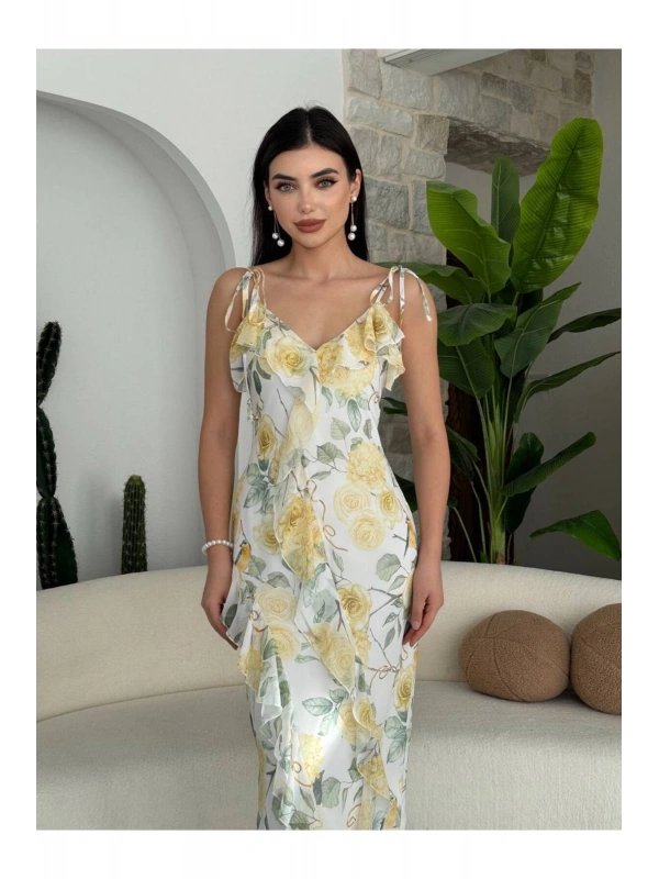 Limon Çiçeği Volan Detaylı Midi Elbise