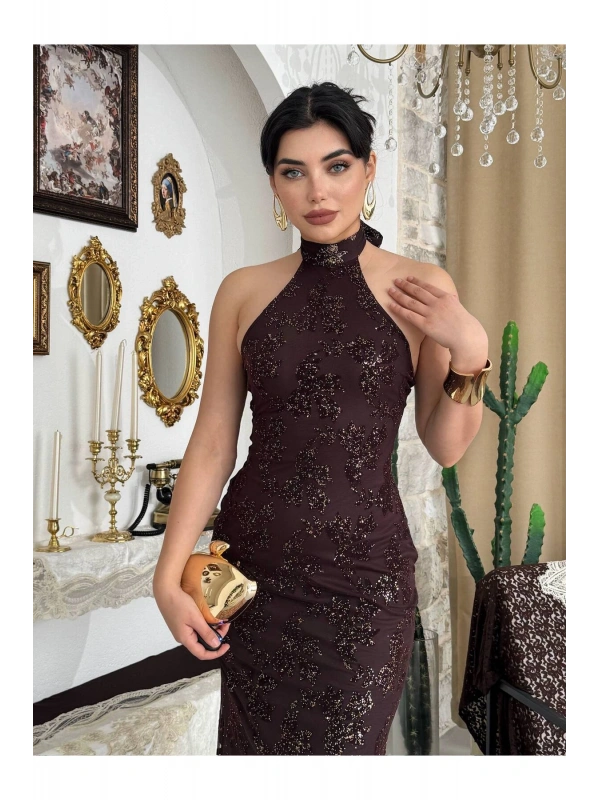 Gold Işıltılı Boyundan Bağlamalı Gece Elbisesi