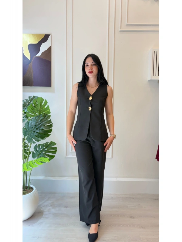 SHIN Gold Düğme Detaylı Siyah Takım