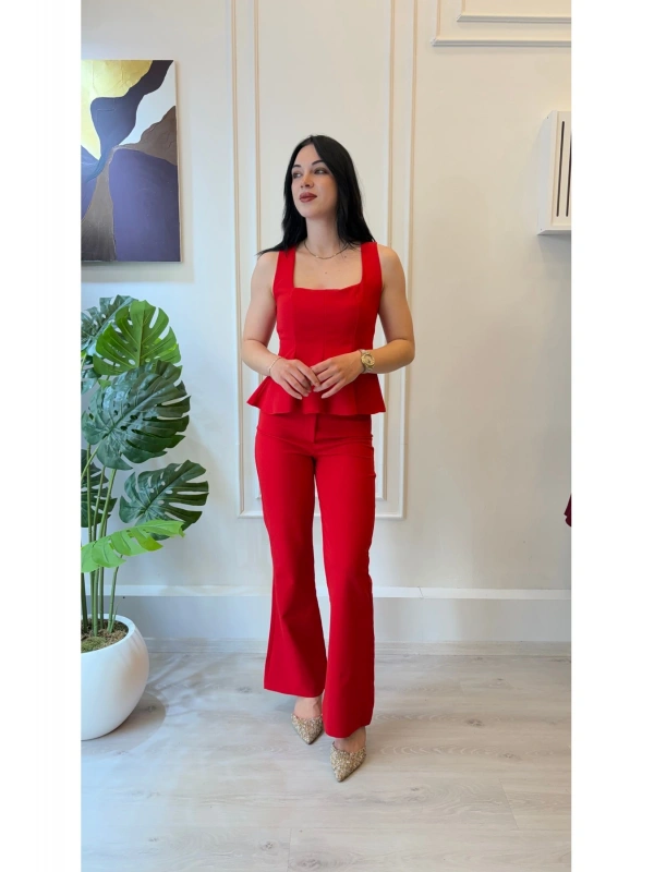 SHIN Kırmızı Peplum Bluz Pantolon Takım