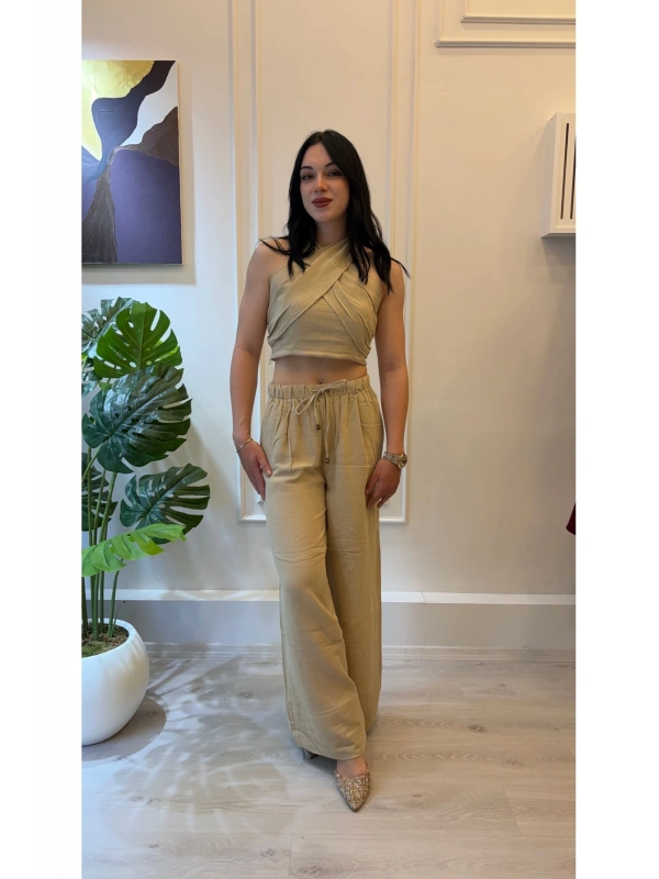 SHIN Bej Bağlamalı Keten Görünümlü Crop Pantolon Takım