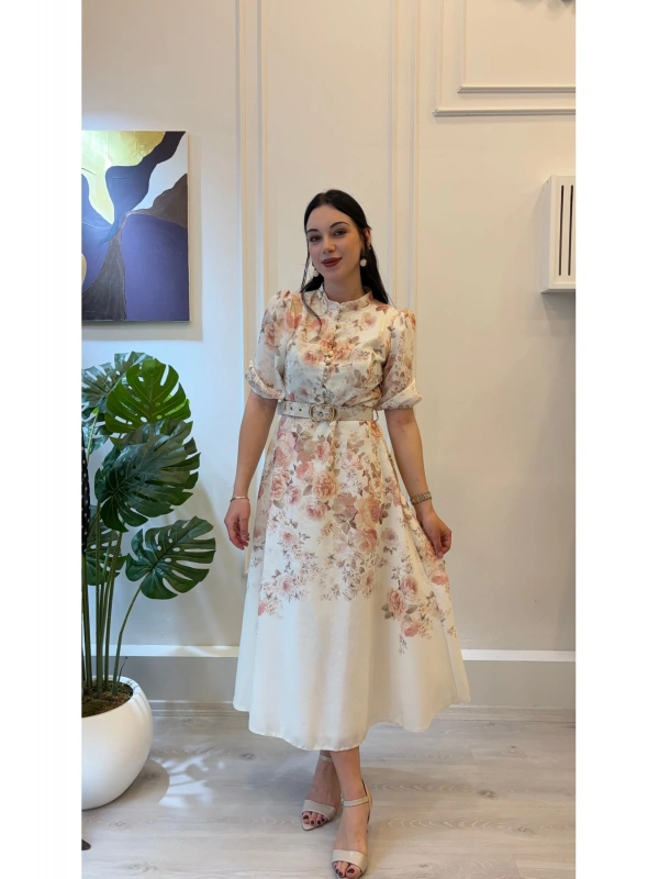 SHIN Kemer Detaylı Çiçek Desenli Vintage Midi Elbise