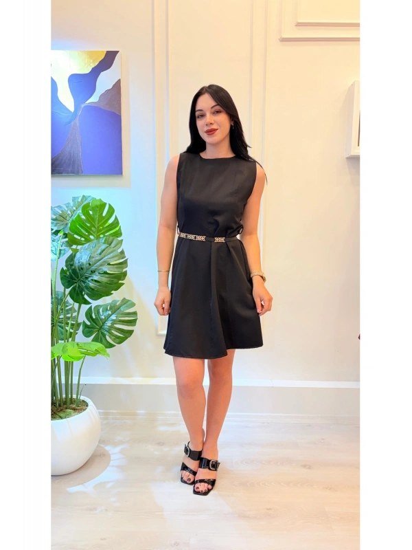 SHIN Kemer Detaylı Siyah Mini Elbise